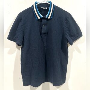 LACOSTE Boys Short Sleeve Polo Navy Dark Blue Embroidered Collar - Large